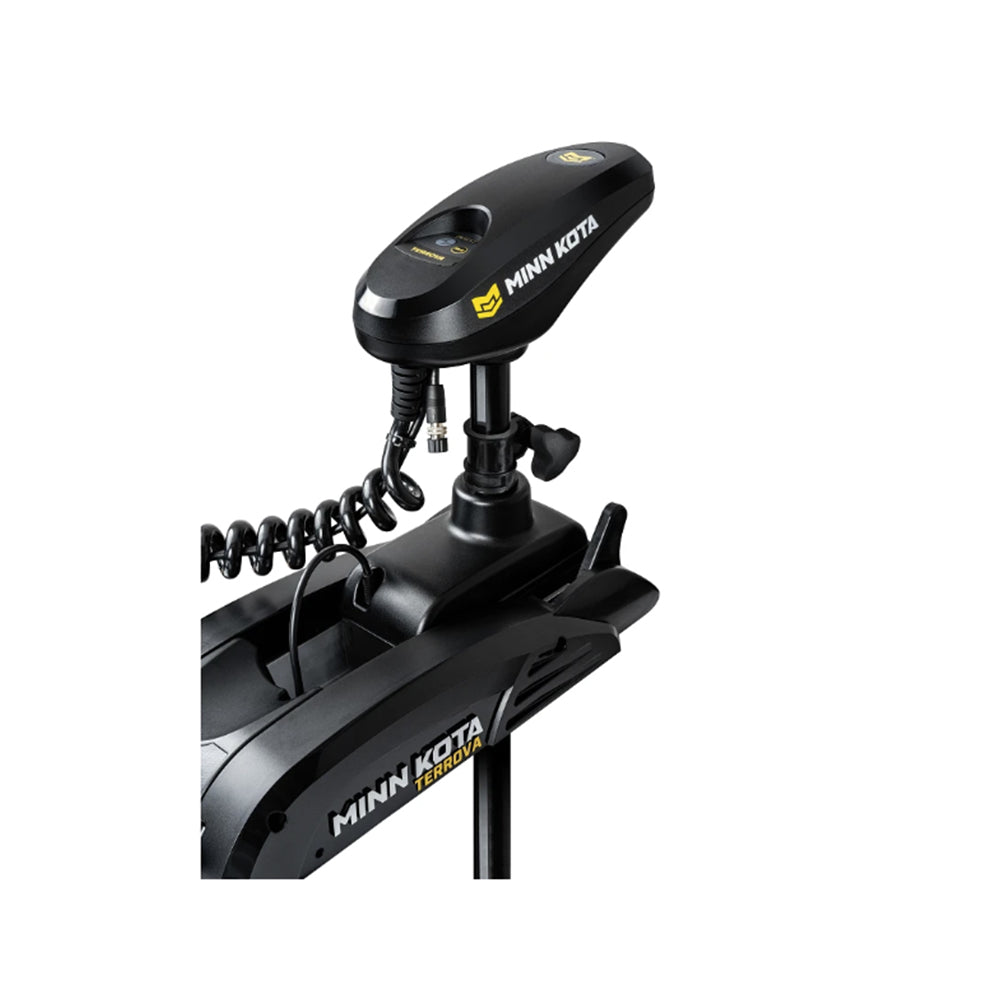 Close-up of the Minn Kota Terrova Trolling Motor head in black, with coiled cable and control unit visible, highlighting Spot-Lock technology by Minn Kota on a white background.