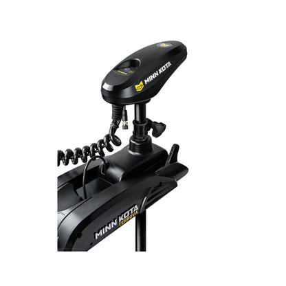 Close-up of the Minn Kota Terrova Trolling Motor head in black, with coiled cable and control unit visible, highlighting Spot-Lock technology by Minn Kota on a white background.