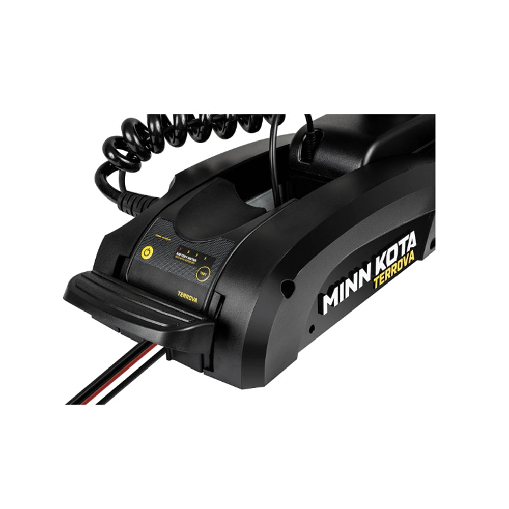 Close-up of a black Minn Kota Terrova Trolling Motor head, featuring control buttons and coiled cable. The Minn Kota branding is visible, highlighting the advanced Spot-Lock GPS for precise boat positioning.