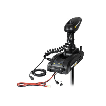 A black Minn Kota Terrova Trolling Motor from Minn Kota, shown with coiled cord, control head, red and black power cables, and Spot-Lock technology against a white background.
