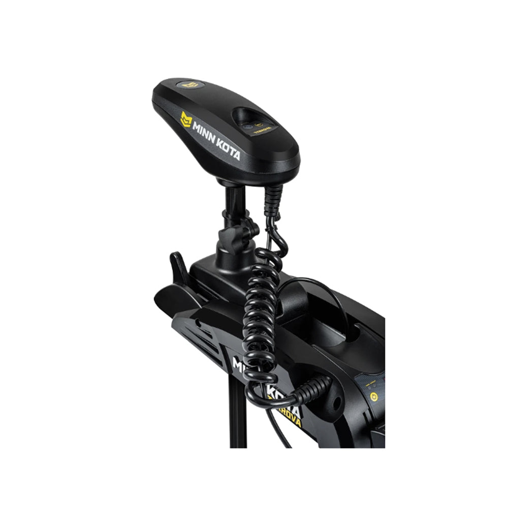 A Minn Kota Terrova Trolling Motor by Minn Kota, in black with a coiled cable and control head, featuring a Spot-Lock GPS system, is mounted on a boat bracket against a white background.