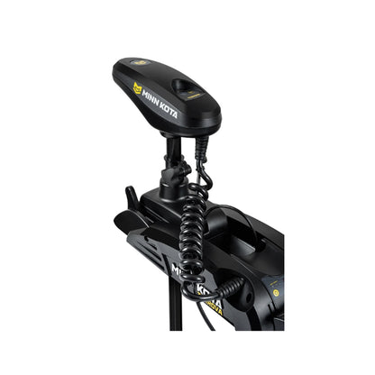 A Minn Kota Terrova Trolling Motor by Minn Kota, in black with a coiled cable and control head, featuring a Spot-Lock GPS system, is mounted on a boat bracket against a white background.