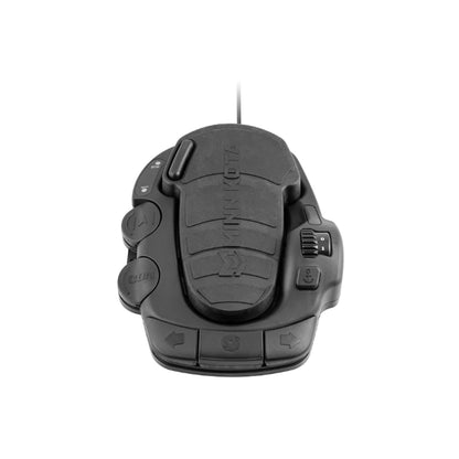 A black Minn Kota foot pedal control for the Minn Kota Terrova Trolling Motor, viewed from above, with a textured surface, multiple buttons, and a cable extending from the top.