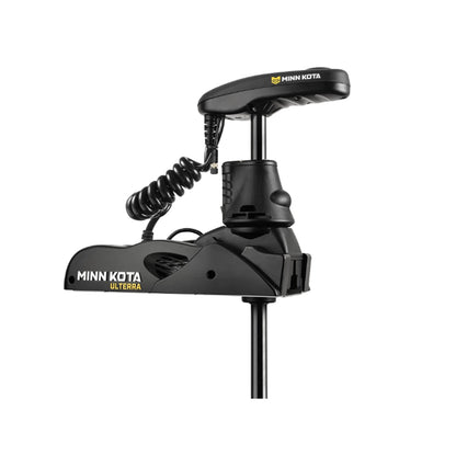 The Minn Kota Ulterra Trolling Motor by Minn Kota in black features a coiled cord, control head, and advanced GPS, displayed against a white background.