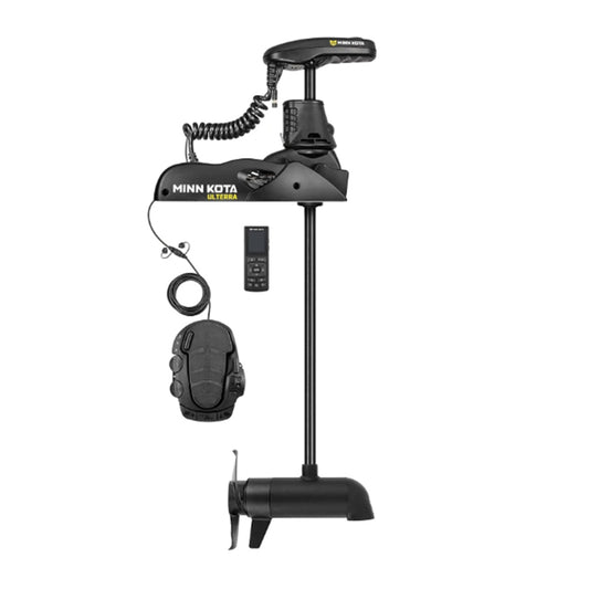 The Minn Kota Ulterra Trolling Motor by Minn Kota features a foot pedal, remote, advanced GPS, and long shaft—ideal for boats. Its visible wires and sleek black finish offer precision control on the water.