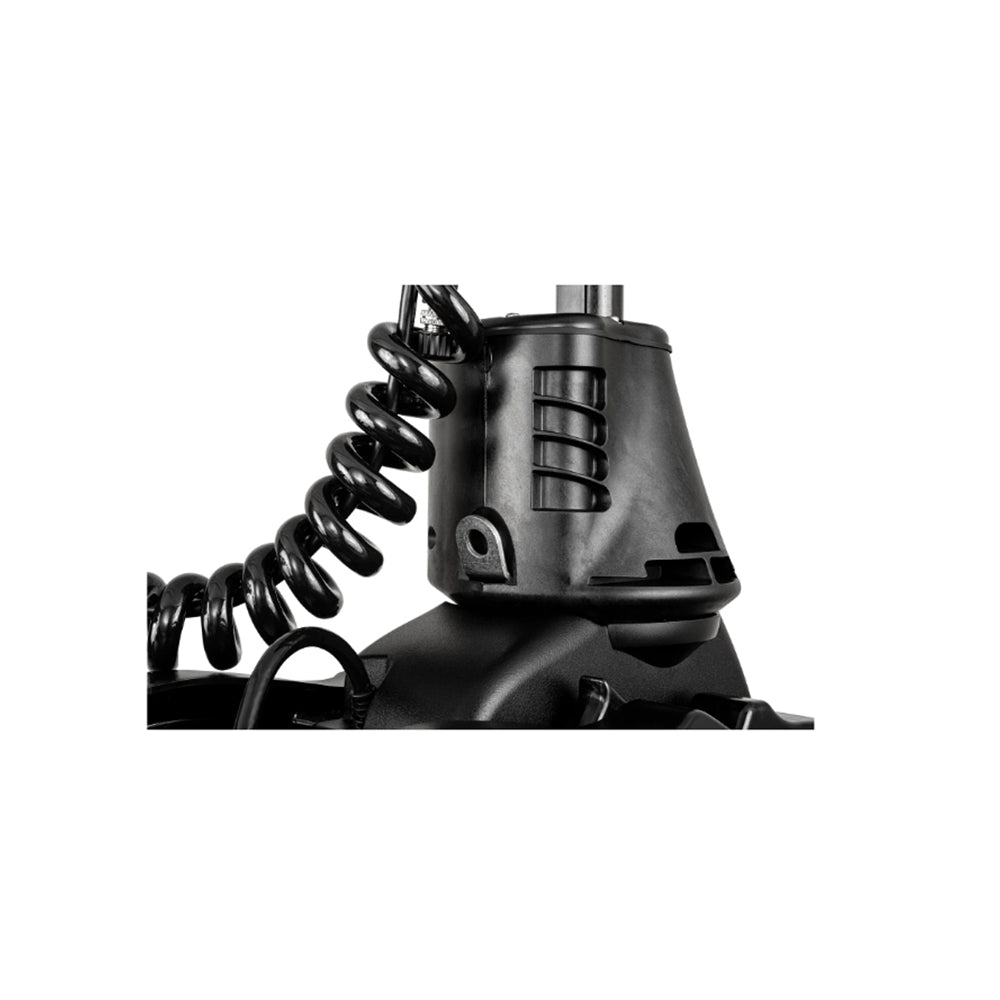 Close-up of a black coiled cable connected to a Minn Kota Ulterra Trolling Motor, showing vent-like slots on the black plastic device, against a white background.