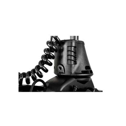 Close-up of a black coiled cable connected to a Minn Kota Ulterra Trolling Motor, showing vent-like slots on the black plastic device, against a white background.