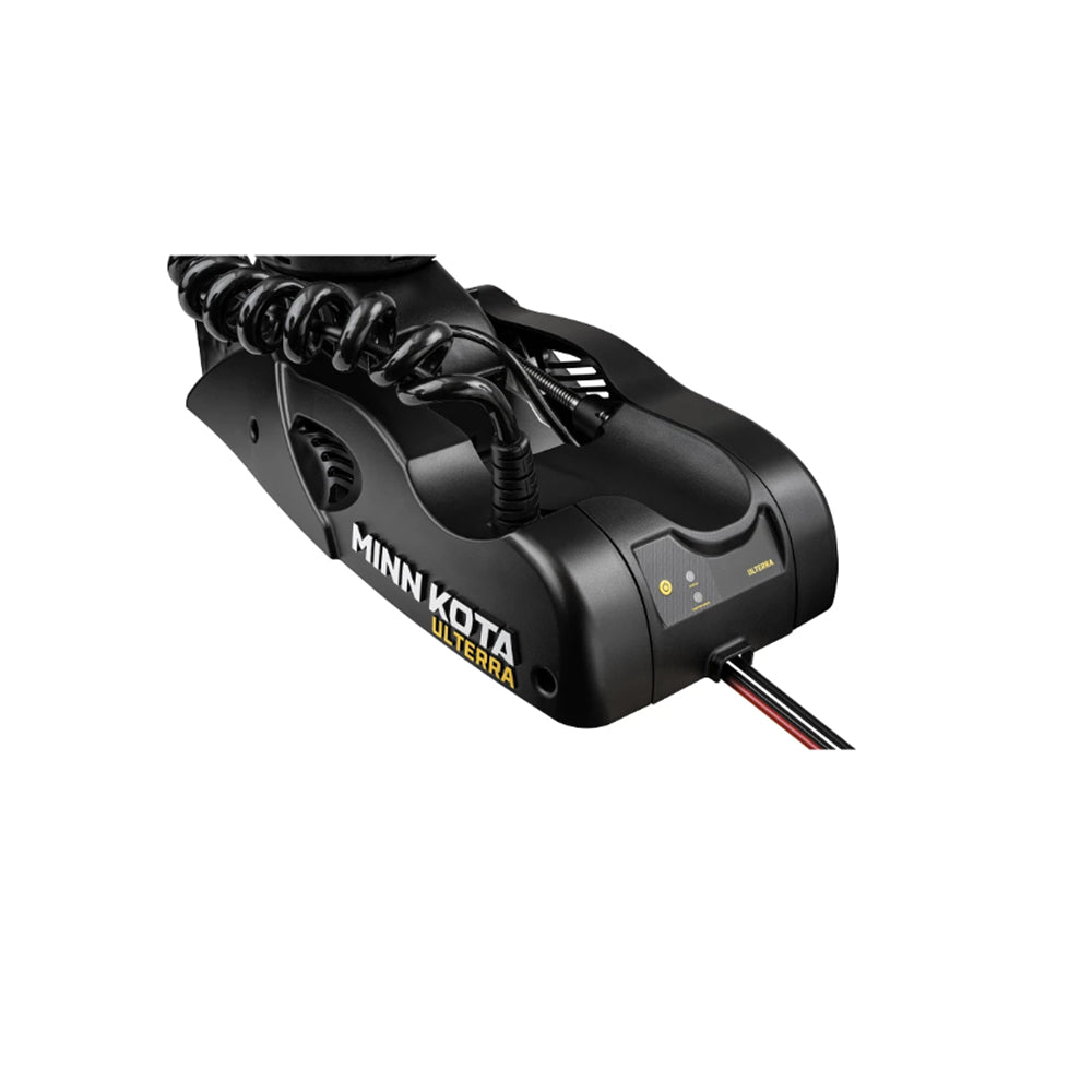Close-up view of a black Minn Kota Ulterra Trolling Motor mount featuring a coiled cable, indicator lights, and advanced GPS functionality, isolated on a white background.