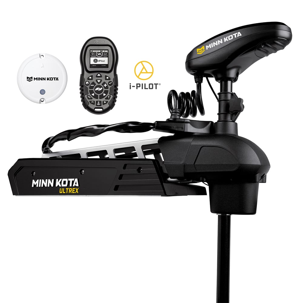 The Minn Kota Ultrex Trolling Motor by Minn Kota is shown with its black motor unit, programmable foot pedal, white sensor, remote control, and the i-Pilot logo highlighting its advanced GPS-powered boat control.
