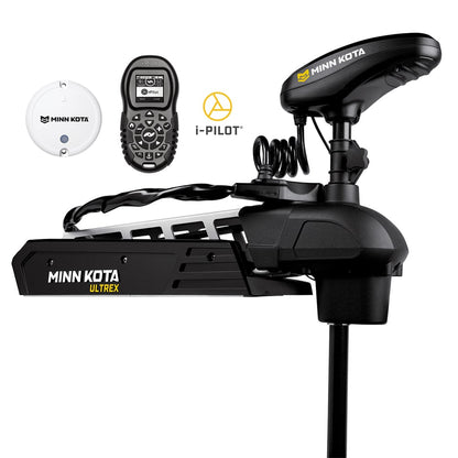 The Minn Kota Ultrex Trolling Motor by Minn Kota is shown with its black motor unit, programmable foot pedal, white sensor, remote control, and the i-Pilot logo highlighting its advanced GPS-powered boat control.