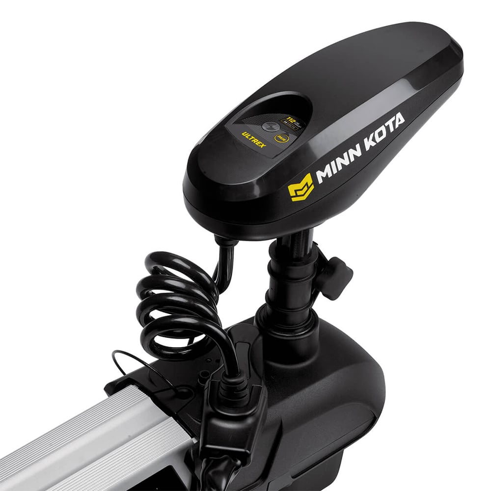 Close-up of the Minn Kota Ultrex Trolling Motor head and control panel, with coiled cable, metallic shaft, and visible Minn Kota logo. Features a programmable foot pedal for improved boat control.