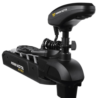 Close-up of the Minn Kota Ultrex Trolling Motor by Minn Kota, featuring black and gray housing, a coiled cable, programmable foot pedal, and prominent branding on its side and top.