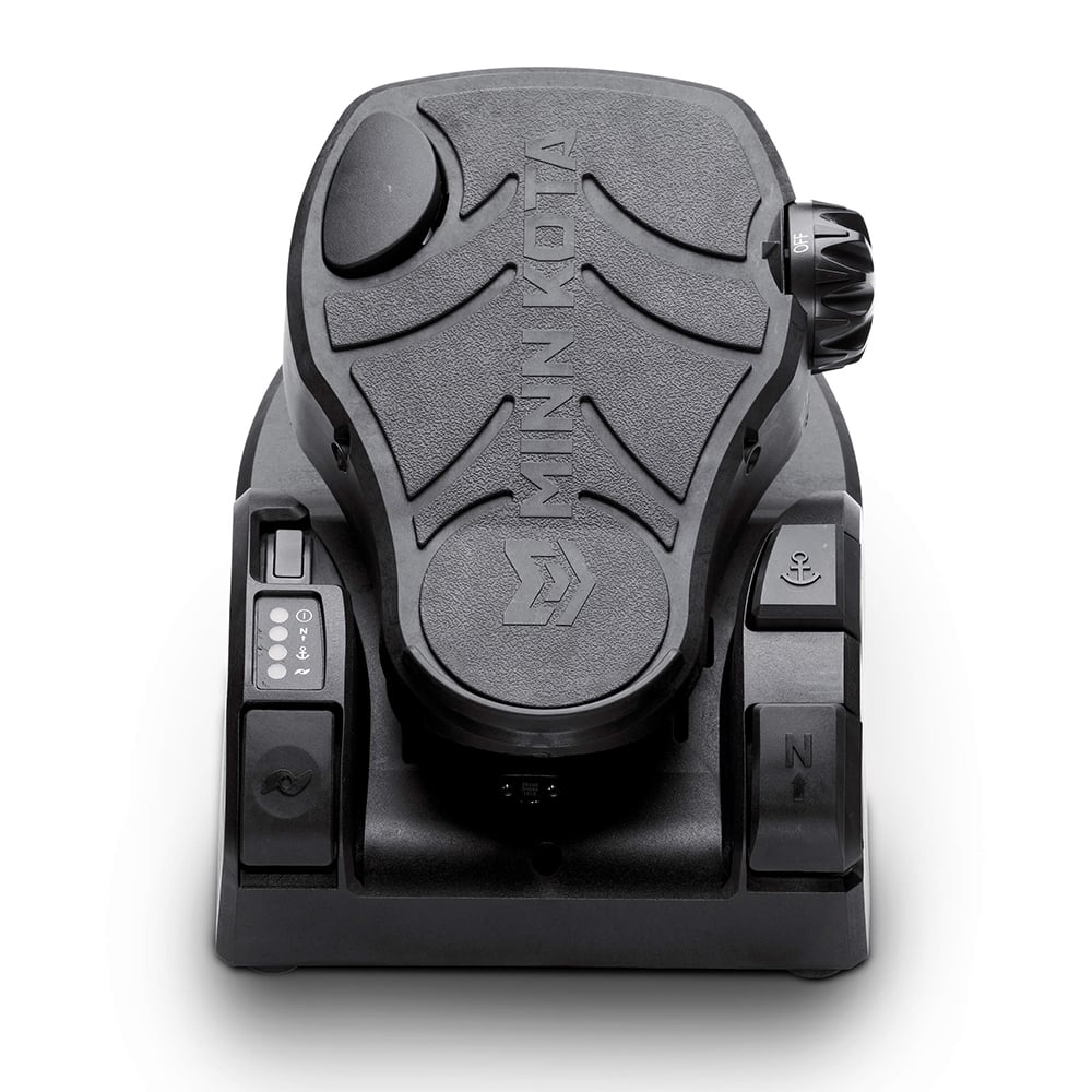A black Minn Kota Ultrex Trolling Motor foot pedal with textured grip, control knobs, and buttons for operating brushless trolling motors on boats. The Minn Kota logo appears on the top.