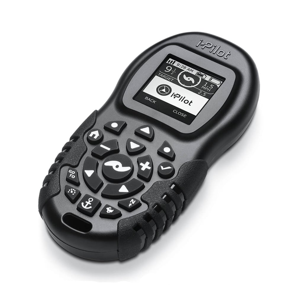 The Minn Kota Ultrex Trolling Motor remote is a black handheld device with a small screen, directional buttons, and icons like an anchor and speed controls. GPS-powered boat control from Minn Kota; features "i-Pilot" label at the top.