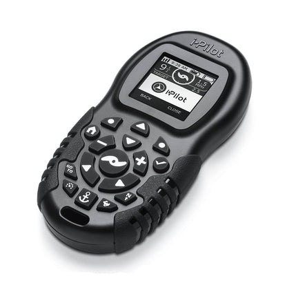 The Minn Kota Ultrex Trolling Motor remote is a black handheld device with a small screen, directional buttons, and icons like an anchor and speed controls. GPS-powered boat control from Minn Kota; features "i-Pilot" label at the top.