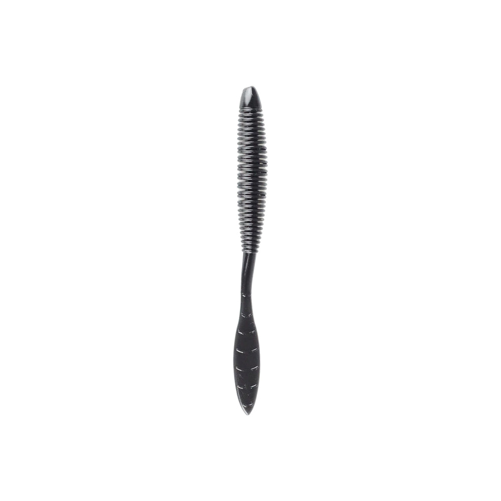 The Missile Baits Bomb Shot by Missile Baits is a black, soft plastic worm-shaped lure with a ribbed body and smooth tapered tail, ideal as a drop shot bait for bass fishing and shown on a white background.