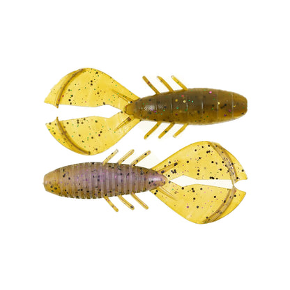The Missile Baits Chunky D 3.5" 6pk by Missile Baits features two soft plastic craw baits in yellow-green with black and purple speckles, segmented bodies, and wide split tails—perfect jig trailers for bass fishing.