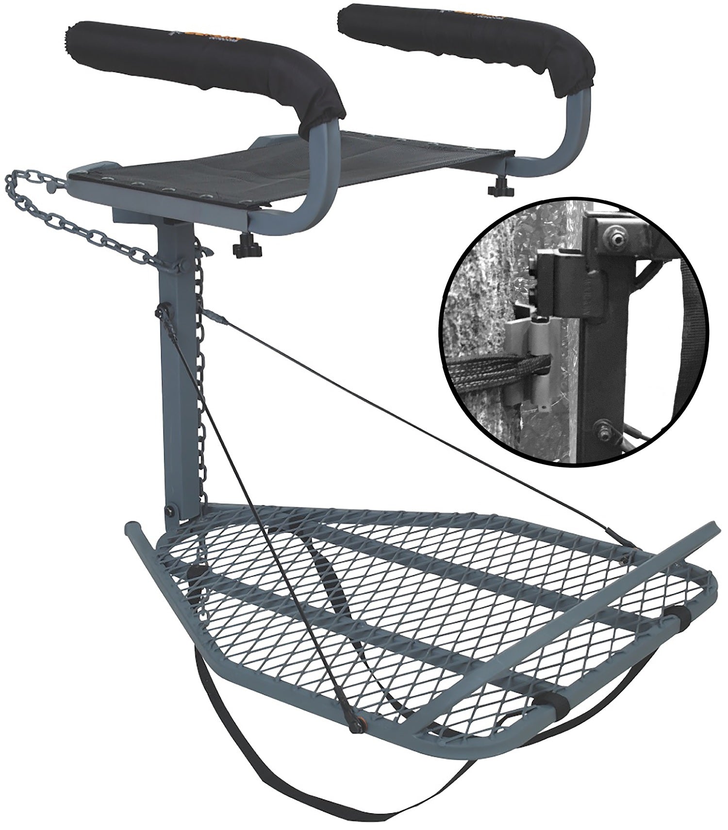 The Ol' Man Roost Elite with Safe-Link & Receiver (O-009-SLE) is ideal for bow hunters, featuring a sturdy metal stand, mesh foot platform, padded seat and armrests. Inset shows the receiver mounted securely to a tree using straps and chain.