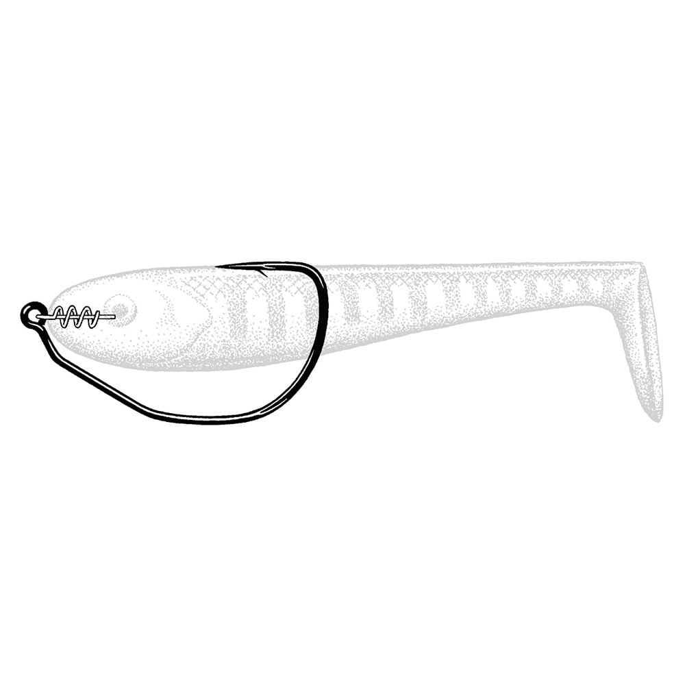 A black and white illustration of a soft plastic paddle tail fishing lure rigged on an Owner Beast Hook with Twistlock by Owner, attached at the head and curving securely around the body.