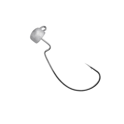 The Owner Block Head Offset Jig Head by Owner features a metal fish hook with an offset jig head and sharp point, topped with a white cylindrical weight. Ideal for weedless applications, the hook is displayed on a plain white background.