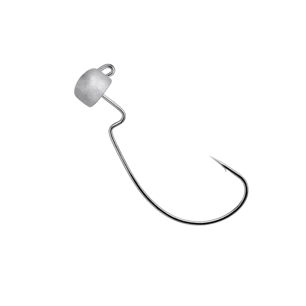 The Owner Block Head Offset Jig Head by Owner features a silver fish hook with a sharp curved end and a cylindrical white attachment near the eye, tailored for weedless use. Its distinctive shaft kink enhances functionality against a plain white background.