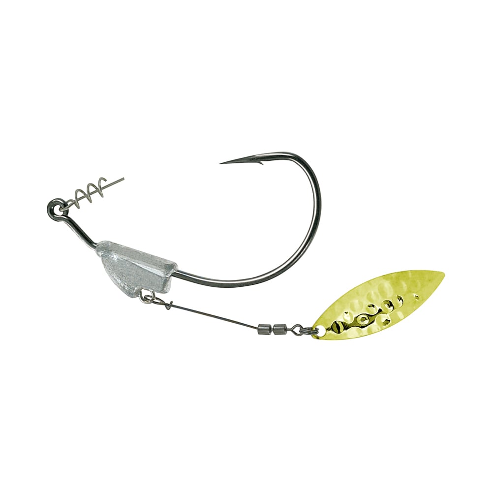 The Owner Flashy Swimmer Willow Blade fishing lure includes a large hook, TwistLOCK Centering-Pin Spring, weighted shank, and a hammered gold leaf-shaped willow blade spinner underneath.