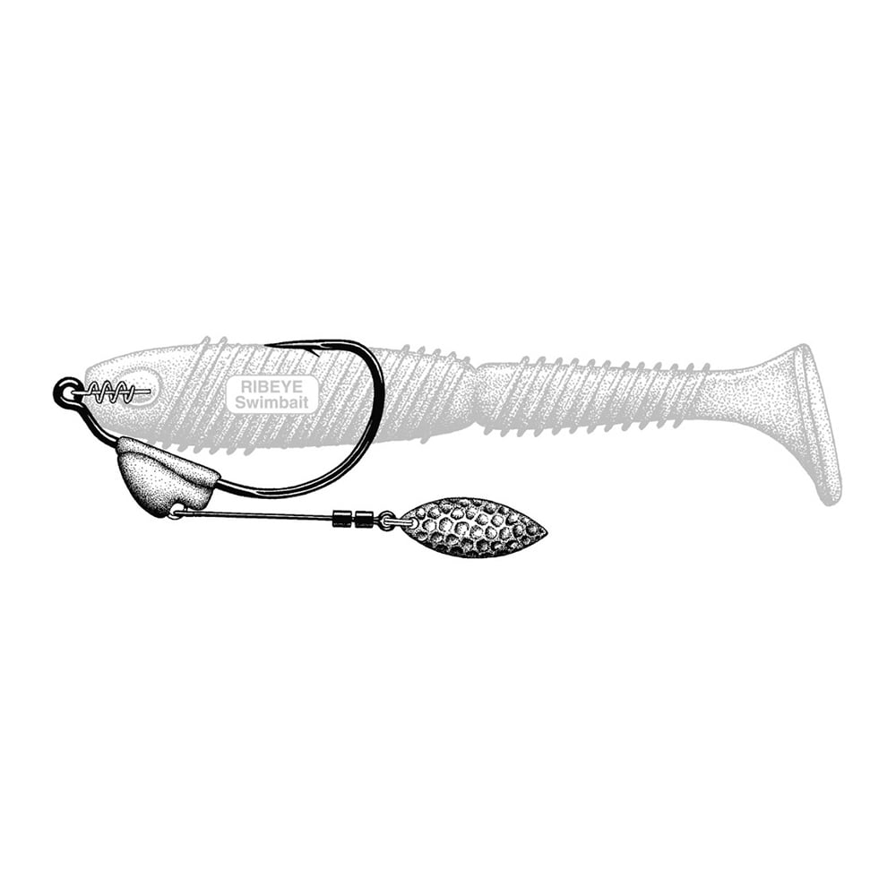 The Owner Flashy Swimmer Willow Blade is a ribbed soft plastic swimbait with a TwistLOCK Centering-Pin Spring for secure attachment and a willow blade spinner under the hook's eye to attract fish. The "RIBEYE Swimbait" label enhances its appeal, making it ideal for anglers.