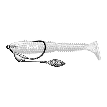 The Owner Flashy Swimmer Willow Blade is a ribbed soft plastic swimbait with a TwistLOCK Centering-Pin Spring for secure attachment and a willow blade spinner under the hook's eye to attract fish. The "RIBEYE Swimbait" label enhances its appeal, making it ideal for anglers.