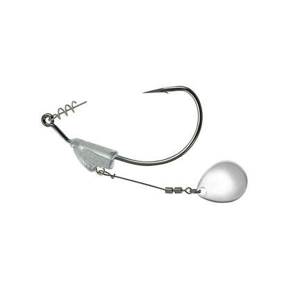 The Owner Flashy Swimmer Colorado Blade, by Owner, is a fishing hook with a TwistLOCK Centering-Pin Spring and metal spring coil. It includes a plastic guard and features a small wire ending in a teardrop-shaped silver weight for optimal fishing.