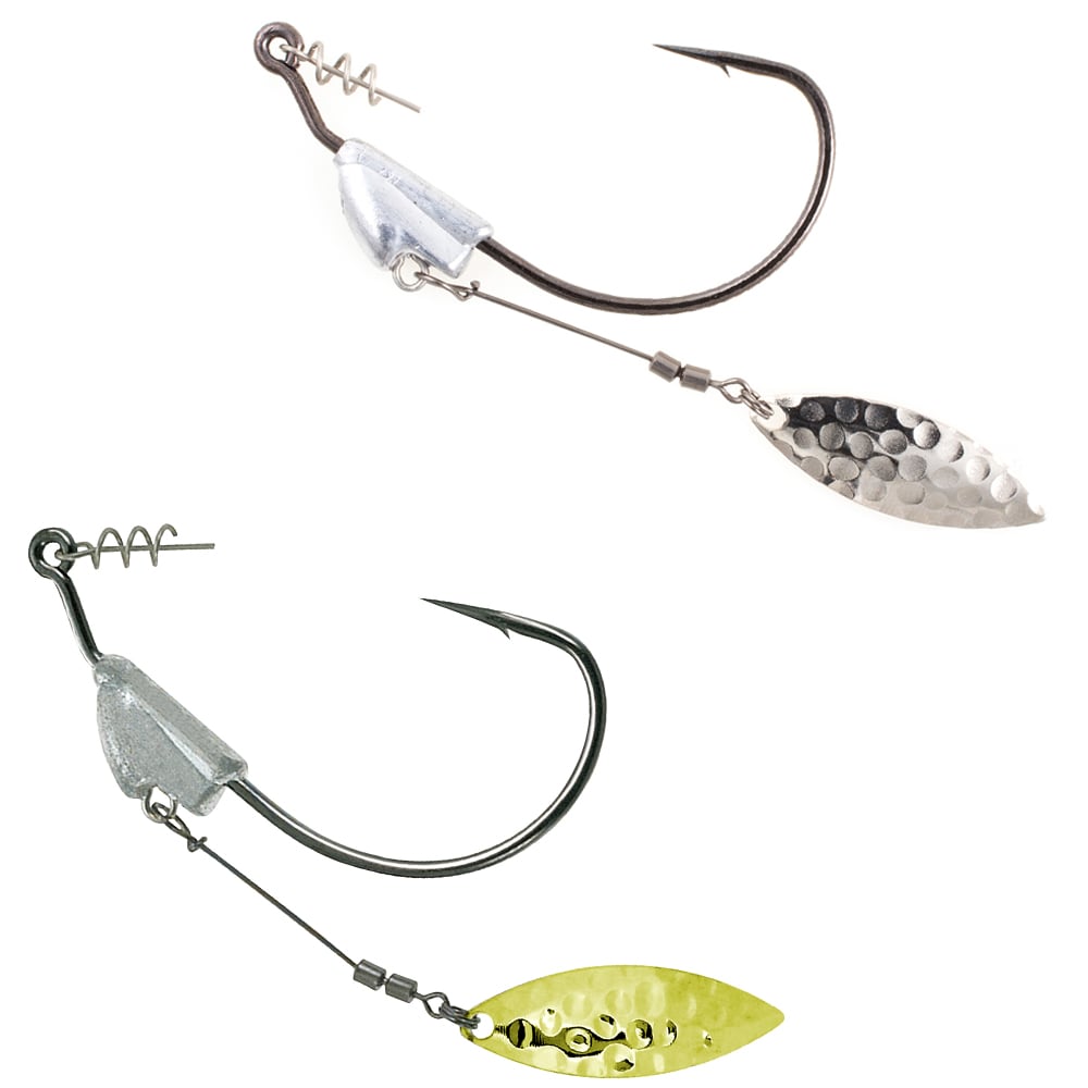 The Owner Flashy Swimmer Willow Blade by Owner includes two hooks with hammered silver and gold spinner blades and screw-in weights, designed for soft plastic lures. Each hook uses a TwistLOCK Centering-Pin Spring for secure attachment.