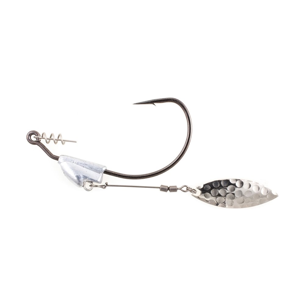 Close-up of the Owner Flashy Swimmer Willow Blade lure, showcasing a curved hook and TwistLOCK Centering-Pin Spring. It has a metallic, textured willow blade on a small swivel that's slightly reflective, expertly combining metal and synthetic materials for an effective catch.