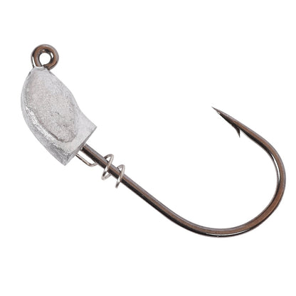 The Owner Inshore Slam Jighead features a sharp, heavy wire hook, rounded weighted head, and a small coil spring at the base for securing soft baits.