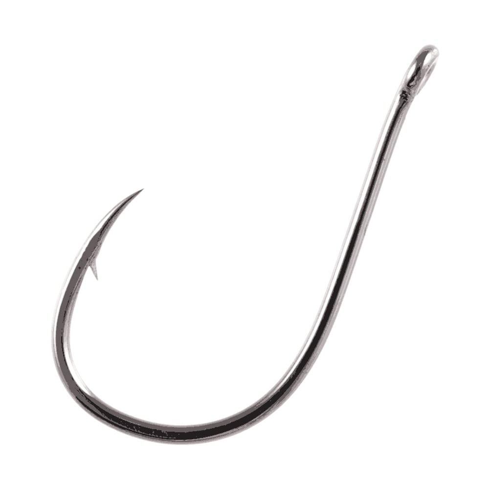 A close-up of a shiny Owner Mosquito Hook with a sharp point and small barb, perfect for wacky wormin', from the Owner brand, displayed against a white background.