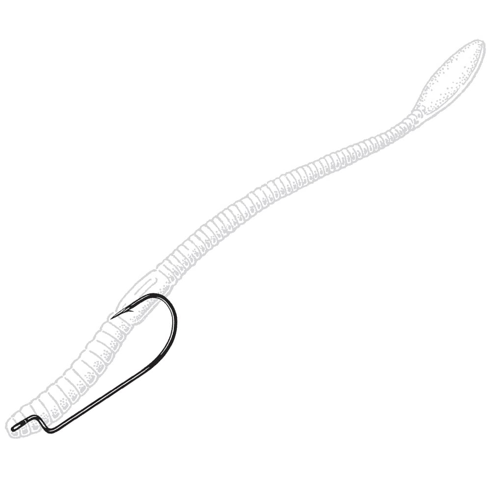 Black-and-white illustration of an Owner Offset Shank Worm Hook by Owner, with a black chrome finish, partially embedded in a segmented, worm-like soft plastic bait featuring a rounded, tapered tail.