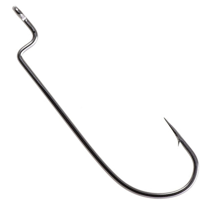 The Owner Offset Shank Worm Hook features a cutting point, black chrome finish, wide gap, sharp point, and offset shank for secure bait or lure holding. The single hook is showcased on a white background.