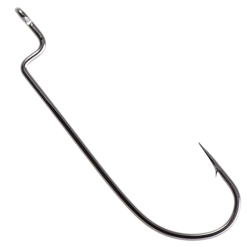 The Owner Offset Shank Worm Hook by Owner features a long shank, Cutting Point tip, small eyelet for fishing line, and a sleek Black Chrome Finish, shown against a white background.
