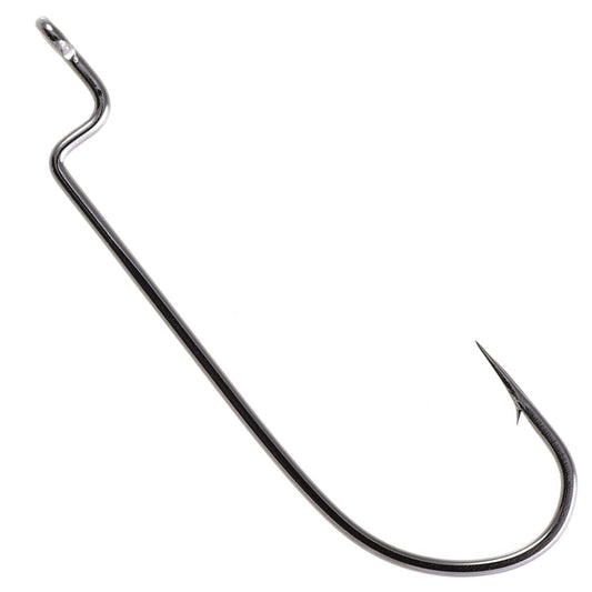 An Owner Offset Shank Worm Hook by Owner, featuring a cutting point, sharp barbed tip, offset shank, and sleek black chrome finish, is shown on a white background.