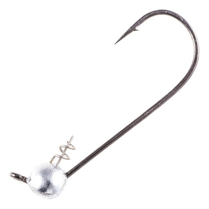 A close-up of an Owner Shaky Ultrahead by Owner, showing its weighted jig head, sharp curved hook, and small TwistLOCK wire coil for holding finesse baits. Ideal for weedless Texas Rig'n. Set against a plain white background.