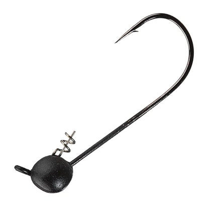 The Owner Shaky Ultraheads by Owner feature a black weighted jig head with a sharp curved hook and TwistLOCK metal spring keeper—ideal for weedless Texas Rig'n and finesse bait rigging.