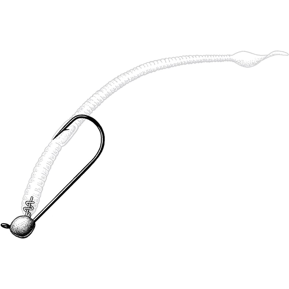 A black and white illustration of Owner Shaky Ultraheads by Owner, a weedless-style Texas Rig'n jig head threaded with a soft plastic worm extending behind the hook—ideal for finesse bait setups.