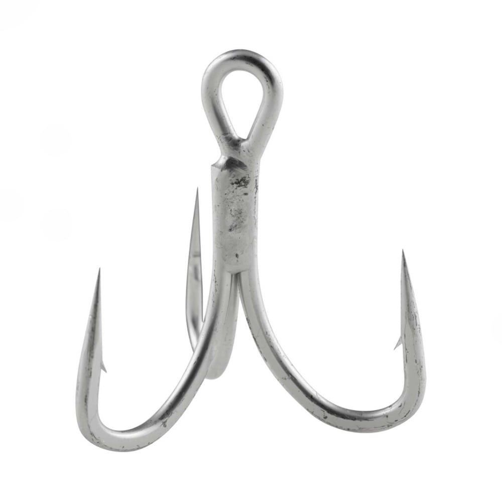 An Owner STX-58TN ZO-WIRE Treble Hook by Owner, featuring a silver metal finish, three sharp curved points, and a rounded eye for optimal penetration, is displayed against a plain white background.
