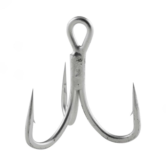 An Owner STX-58TN ZO-WIRE Treble Hook by Owner, featuring a silver metal finish, three sharp curved points, and a rounded eye for optimal penetration, is displayed against a plain white background.