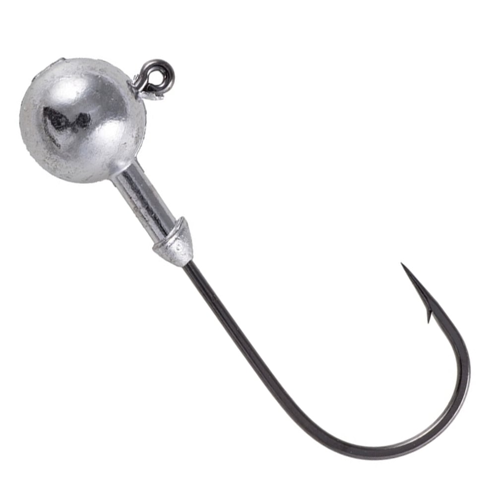 The Owner Ultrahead Round Type Jig Heads by Owner feature a silver, round weighted ball near the eye and a single Super Needle Point hook, shown on a white background.