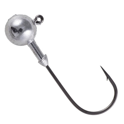 The Owner Ultrahead Round Type Jig Heads by Owner feature a silver, round weighted ball near the eye and a single Super Needle Point hook, shown on a white background.