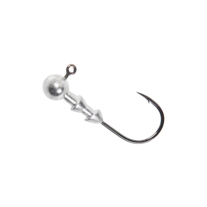 The Owner Ultrahead Football Type Jig in silver features a round weight, Super Needle Point jig hook, barb, and eyelet, ideal for rigging crawfish-style baits to your fishing line; pictured against a white background.