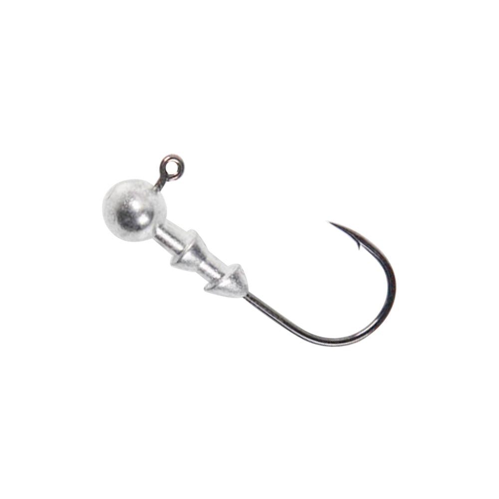 The Owner Ultrahead Football Type Jig by Owner is shown with a round silver weight and a sharp Super Needle Point hook, ideal for use with crawfish-type baits, set against a white background.