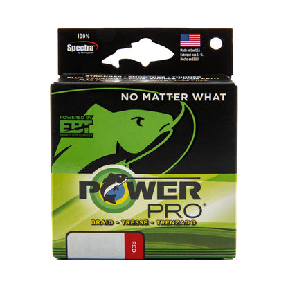 A box of Power Pro Braided Line in red, featuring the Power Pro logo, green fish graphic, and Spectra Fiber construction. The packaging notes "Made in USA" and is labeled as braid/tresse/trenzado.