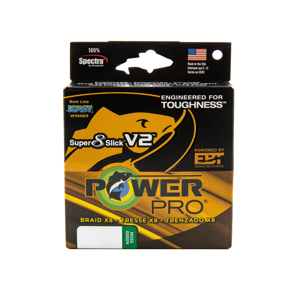 A box of Power Pro Super 8 Slick V2 Braided Line with a yellow and black design, Power Pro logos, and text emphasizing abrasion resistance and made in the USA.