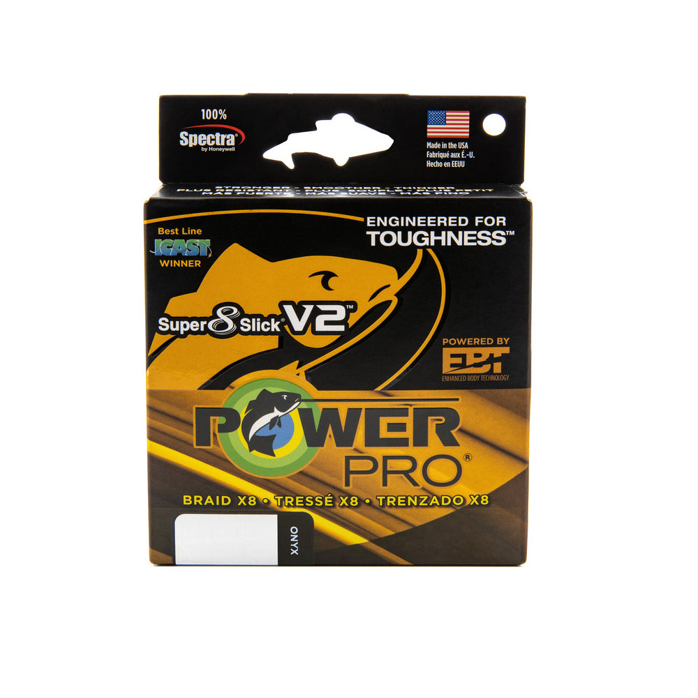 A box of Power Pro Super 8 Slick V2 Braided Line from Power Pro, displaying a yellow and black design with a fish graphic, brand logos, and text emphasizing abrasion resistance and 100% Spectra fiber material.