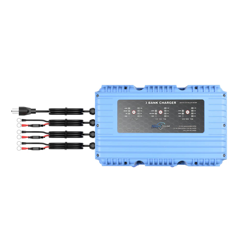 The Powerhouse Lithium 12V-(12V-16V)-(24V-36V)WP 3-Bank Waterproof Battery Charger features a clear indicator panel, three ring terminal cable sets, and a power cord, making it ideal for charging lithium batteries in multiple applications.